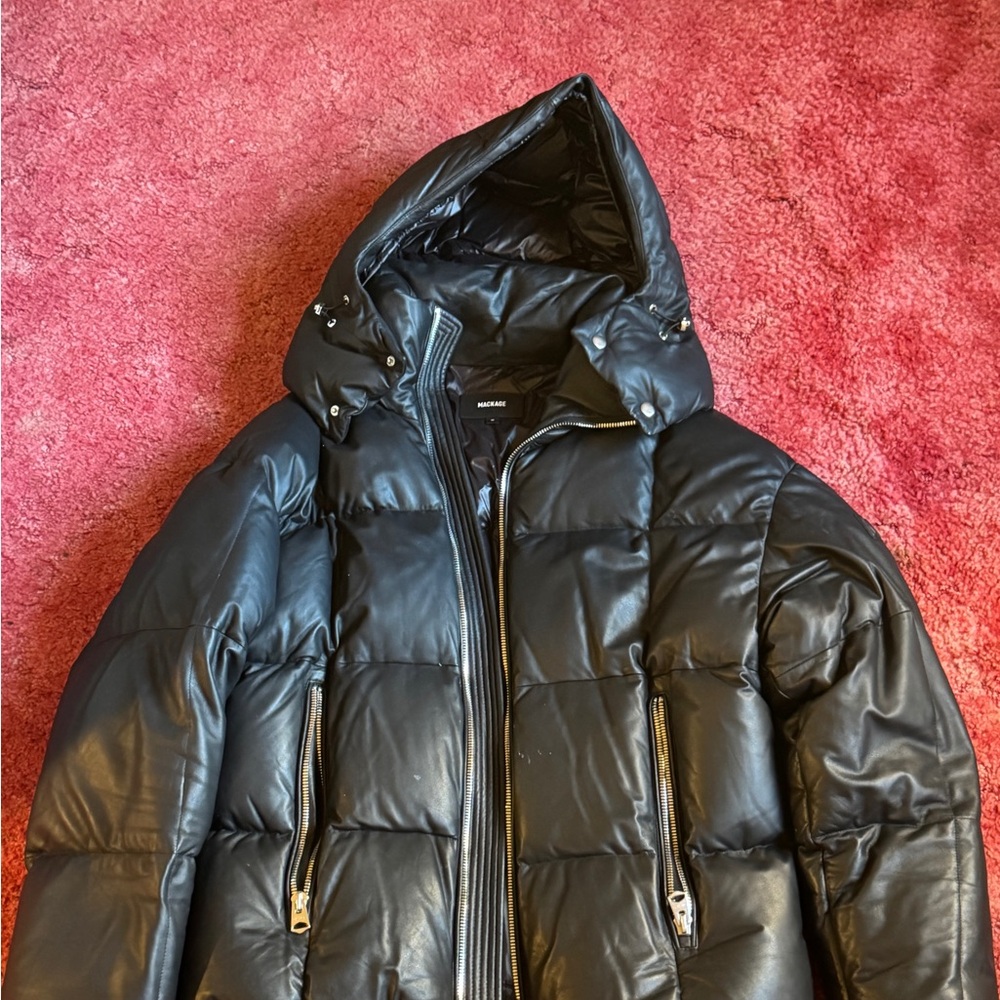 Mackage Mikko Men's Black Hooded Leather Down Parka  Jacket Size 36